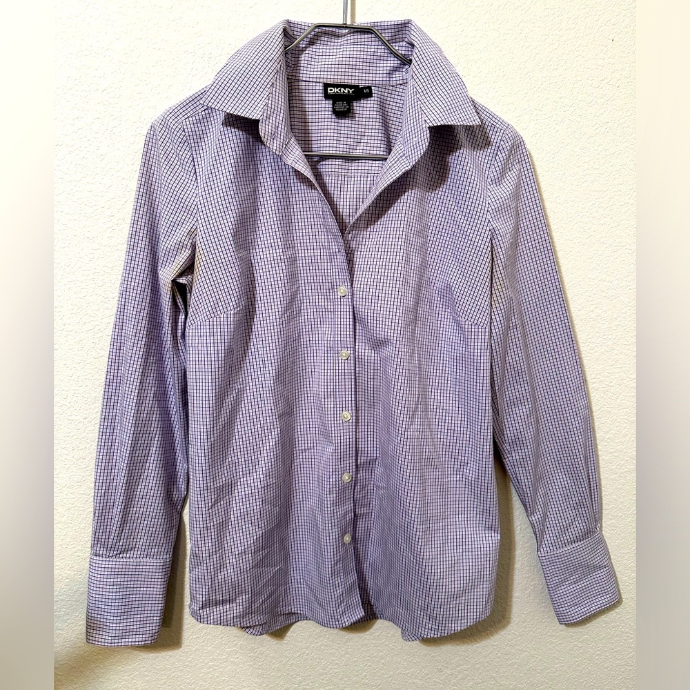 DKNY Blue & White Checkered Button Up Collared Top Office Wear